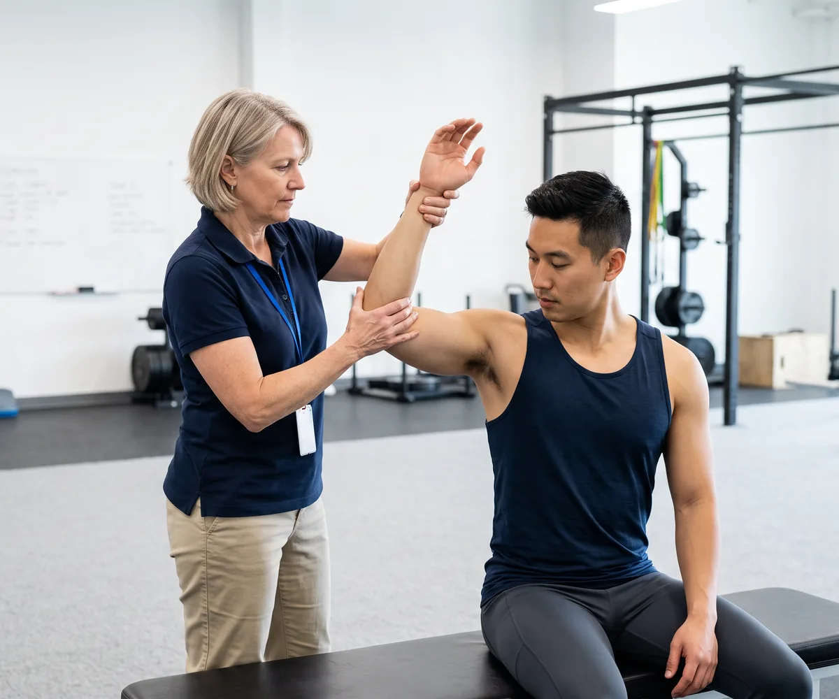 A physical therapist checking a patient&rsquo;s shoulder range of motion during a seated assessment