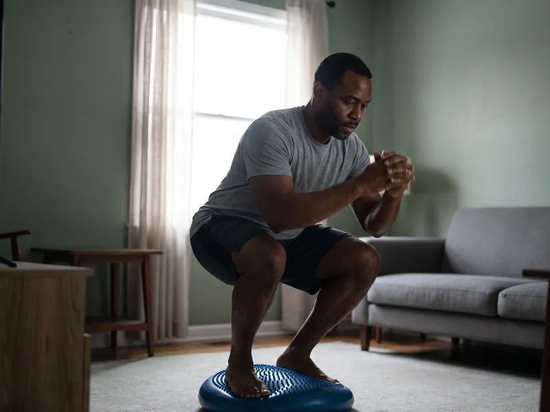A man balancing on one leg on a foam balance disc at home