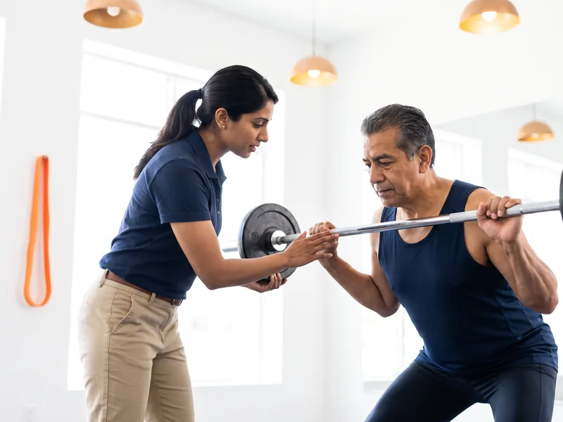 A physical therapist coaching a patient through a barbell squat