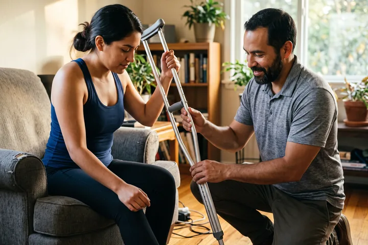 A physical therapist helping a patient adjust a pair of crutches at home