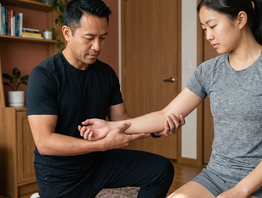 A physical therapist checking a patient&rsquo;s wrist and forearm mobility