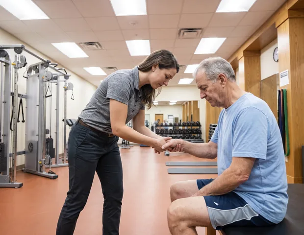 A physical therapist steadying a patient&rsquo;s arm while helping them stand