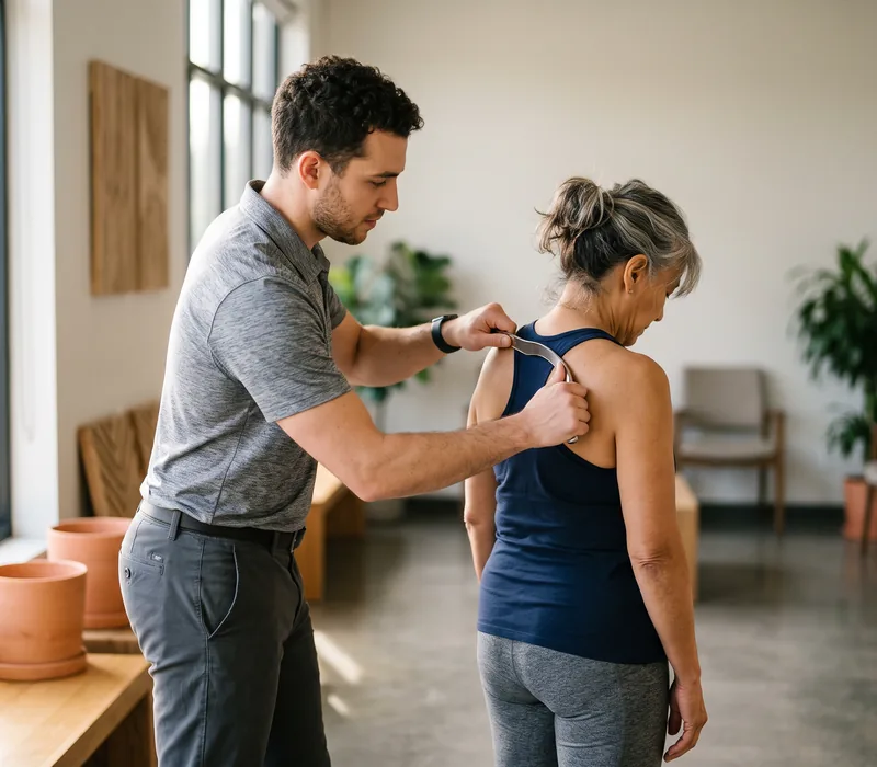 A clinician using a handheld treatment tool along a patient&rsquo;s upper back