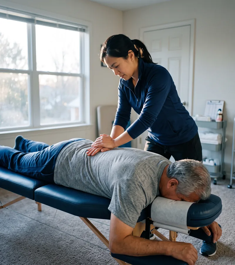A physical therapist applying hands-on pressure to a patient&rsquo;s back