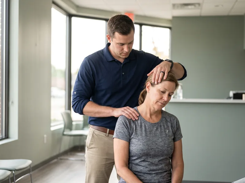 A physical therapist manually mobilizing a seated patient&rsquo;s neck and shoulder