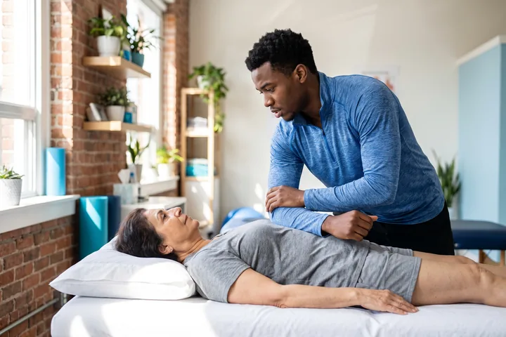 A physical therapist mobilizing a patient&rsquo;s shoulder while lying on a treatment table